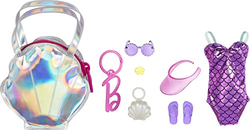 BARBIE CONJUNTO DE ROPA CON TEMÁTICA DE PLAYA 5 ACCESORIOS Y BOLSA CON CREMALLERA EN FORMA DE CONCHA CON ANILLO DE CLIP - 1