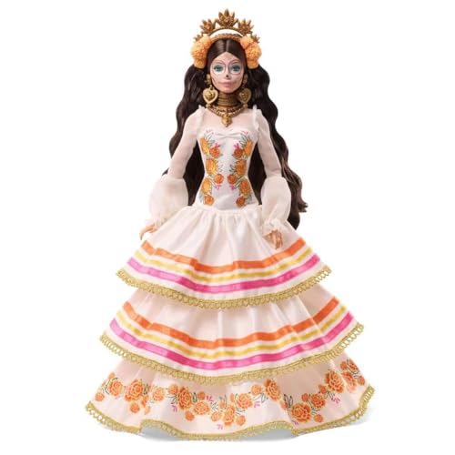MUÑECA BARBIE SIGNATURE DÍA DE MUERTOS 2025 COLECCIONABLE EN VESTIDO CREMA CON VOLANTES ADORNADO CON CALÉNDULAS Y CINTA CORONA - 4