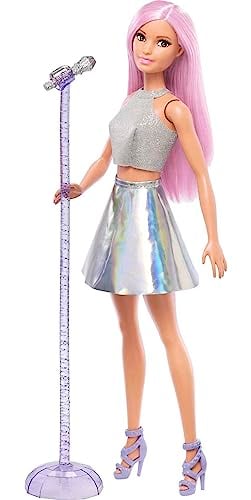 BARBIE CAREERS MUÑECA DE MODA Y ACCESORIO ESTRELLA POP CON CABELLO ROSA Y OJOS MARRONES VISTIENDO FALDA IRIDISCENTE CON MICRÓFONO - 1