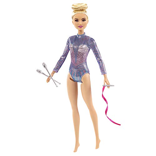 BARBIE RHYTHMIC GYMNAST RUBIA MUÑECA 12IN3040CM CON LEOTARDO COLORIDO METÁLICO 2 BASTONES Y ACCESORIO DE CINTA GRAN REGALO - 1