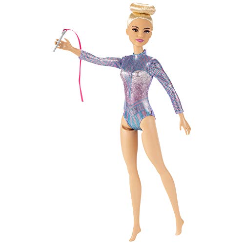 BARBIE RHYTHMIC GYMNAST RUBIA MUÑECA 12IN3040CM CON LEOTARDO COLORIDO METÁLICO 2 BASTONES Y ACCESORIO DE CINTA GRAN REGALO - 2