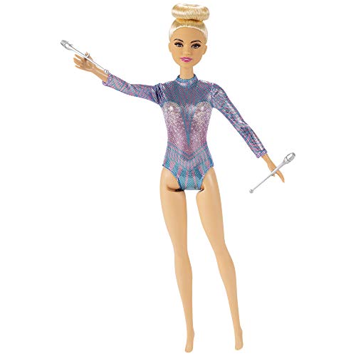 BARBIE RHYTHMIC GYMNAST RUBIA MUÑECA 12IN3040CM CON LEOTARDO COLORIDO METÁLICO 2 BASTONES Y ACCESORIO DE CINTA GRAN REGALO - 5