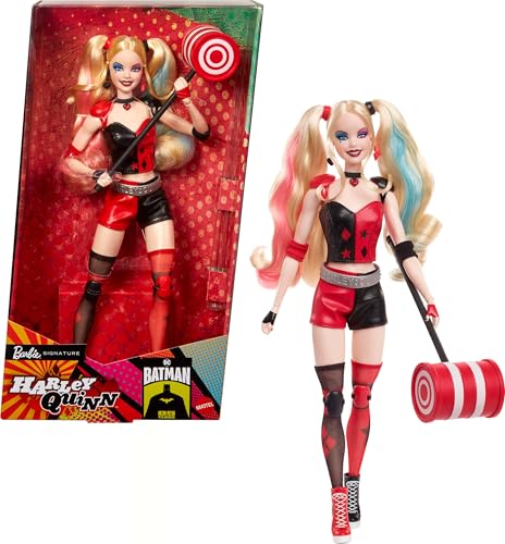 BARBIE MUÑECA COLECCIONISTA HARLEY QUINN SIGNATURE CON CUERPO POSABLE ATUENDO ICÓNICO Y ACCESORIO DE MAZA COLECCIONABLE DE DC - 1