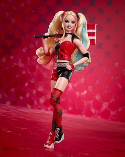 BARBIE MUÑECA COLECCIONISTA HARLEY QUINN SIGNATURE CON CUERPO POSABLE ATUENDO ICÓNICO Y ACCESORIO DE MAZA COLECCIONABLE DE DC - 3