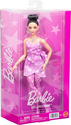 BARBIE MUÑECA DE ESTILO DE LUJO 11 EN VESTIDO DE MEZCLILLA ROSA ESTAMPADO DE ESTRELLAS CON MEDIAS A JUEGO PELO NEGRO EN MOÑO - 6