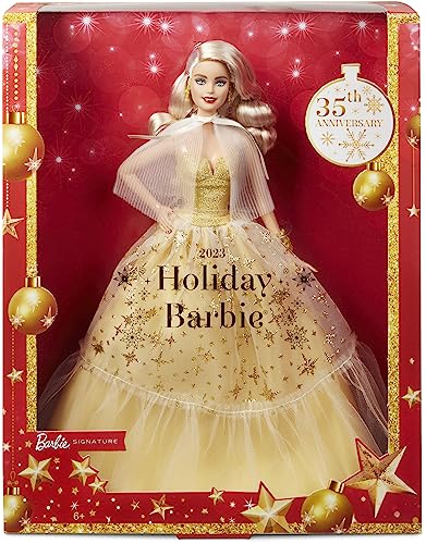 MUÑECA BARBIE SIGNATURE 2023 DE FESTIVIDADES CABELLO RUBIO CON VESTIDO DORADO COLECCIONABLE CON SOPORTE PARA MUÑECA - 1