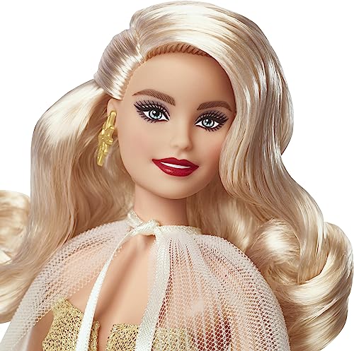 MUÑECA BARBIE SIGNATURE 2023 DE FESTIVIDADES CABELLO RUBIO CON VESTIDO DORADO COLECCIONABLE CON SOPORTE PARA MUÑECA - 2