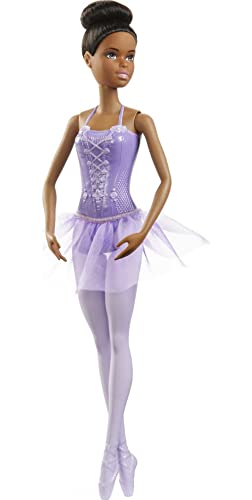 BARBIE MUÑECA BAILARINA EN TUTÚ EXTRAÍBLE MORADO CON PELO NEGRO RECOGIDO OJOS MARRONES BRAZOS EN POSTURA DE BALLET Y ZAPATOS - 1