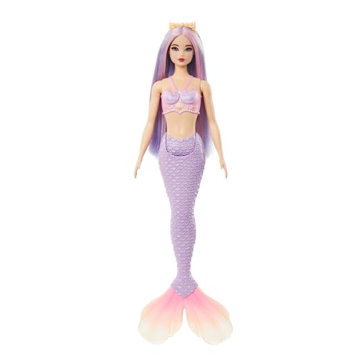 BARBIE MUÑECA DE SIRENA CON ACCESORIO DE PELO Y DIADEMA DE FANTASÍA ROSA Y LILA JUGUETE CON CORPIÑO INSPIRADO EN CONCHAS Y COLA - 1