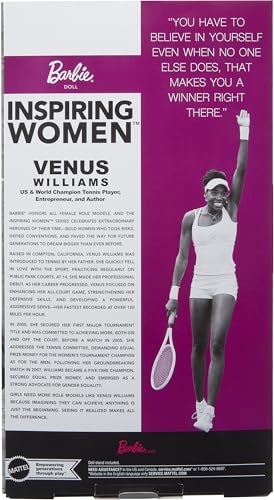 SERIE BARBIE INSPIRING WOMEN MUÑECA DE MODA VENUS WILLIAMS CON UNIFORME DE TENIS CARACTERÍSTICO Y RAQUETA INCLUYE EMBALAJE - 6