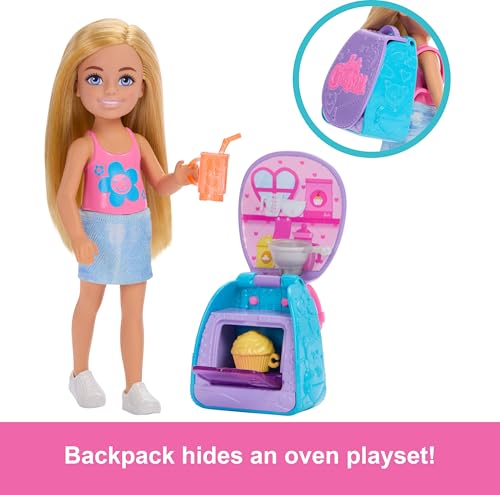 BARBIE FAMILY FRIENDS MUÑECA CHELSEA RUBIA CON MOCHILA PARA HORNEAR CUPCAKES MOCHILA USABLE CON PIEZAS DE JUEGO PARA HORNEAR - 3
