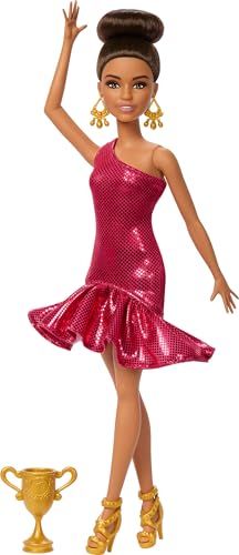 BARBIE MUÑECA DE BAILE DE BAILE DE MODA CON VESTIDO DE VOLANTES ROJOS ZAPATOS DE BAILE Y CABELLO DE ESTILO MARRÓN ACCESORIO - 1