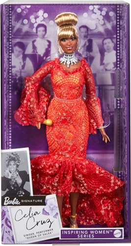 MUÑECA BARBIE MUJERES INSPIRADORAS CELIA CRUZ REINA DE LA SALSA EN VESTIDO DE ENCAJE ROJO CON MICRÓFONO DORADO COLECCIONABLE - 1