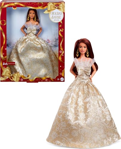 BARBIE SIGNATURE 2025 MUÑECA DE FESTIVIDADES DE CABELLO CASTAÑO OSCURO CON VESTIDO PLATEADO Y DORADO COLECCIONABLE DE TEMPORADA - 1