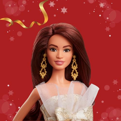 BARBIE SIGNATURE 2025 MUÑECA DE FESTIVIDADES DE CABELLO CASTAÑO OSCURO CON VESTIDO PLATEADO Y DORADO COLECCIONABLE DE TEMPORADA - 2