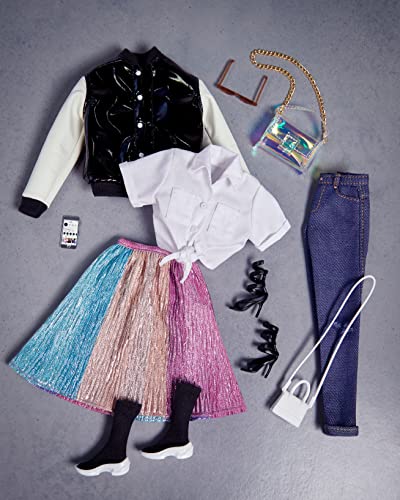 BARBIE SIGNATURE BARBIESTYLE CONJUNTO DE ROPA Y MUÑECA DE MODA MORENA CON 2 BLUSAS FALDA JEANS CHAQUETA 2 PARES DE ZAPATOS - 5