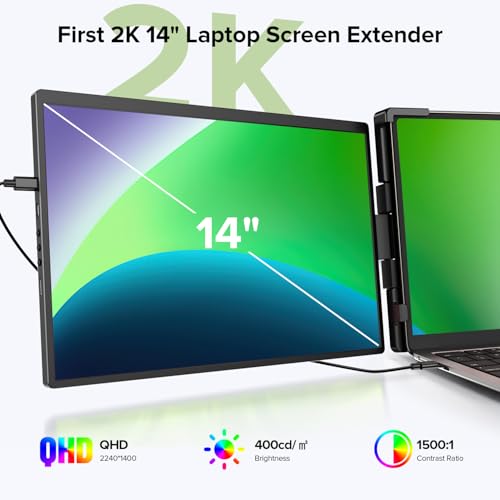 UPERFECT EXTENSOR DE PANTALLA PARA LAPTOP 2K 14 360 BISAGRA GIRATORIA ÚNICA CON ROTACIÓN AUTOMÁTICA DE 180 MONITOR PORTÁTIL QHD - 3
