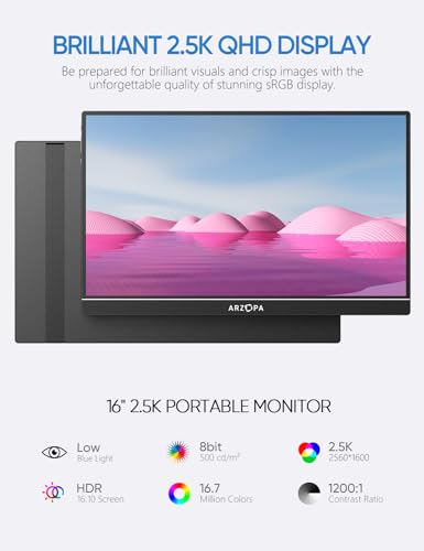 ARZOPA MONITOR PORTÁTIL 16 PULGADAS 25K 2560 X 1600 QHD IPS 123X25 SRGB SOPORTE INTEGRADO USBC Y HDMI CUIDADO VISUAL SEGUNDA - 4