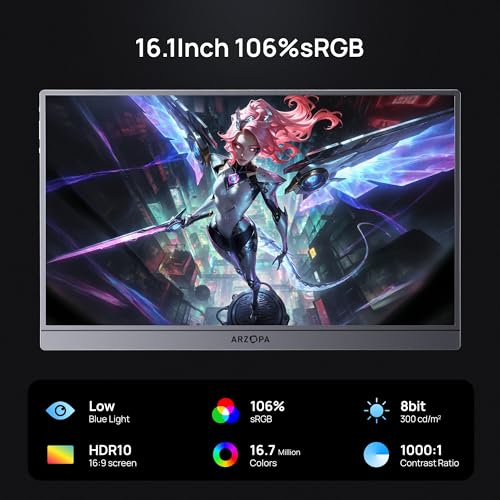 ARZOPA 161 144HZ MONITOR PORTÁTIL PARA JUEGOS 106X25 SRGB 1080P FHD CON SOPORTE PLEGABLE MONITOR PORTÁTIL CON HDR ULTRA DELGADO - 3