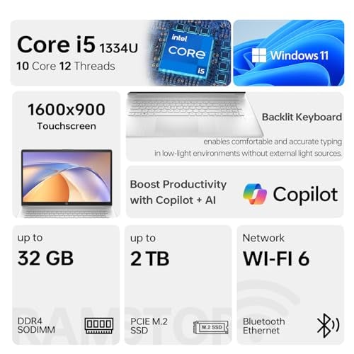 LAPTOP HP ESSENTIAL 2025 PARA NEGOCIOS PANTALLA TÁCTIL HD DE 173 PROCESADOR INTEL CORE I51334U 32 GB RAM 1 TB SSD WIFI 6 W11 PRO - 2
