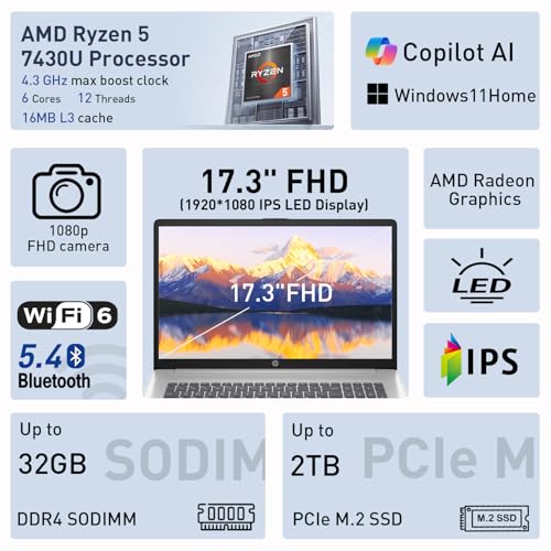 HP 173 FHD IPS LED ANTIRREFLEJOS 300 NITS PORTÁTIL CPU AMD RYZEN 5 7430U DE 6 NÚCLEOS 16 GB DE RAM 1 TB DE ALMACENAMIENTO CÁMARA - 2