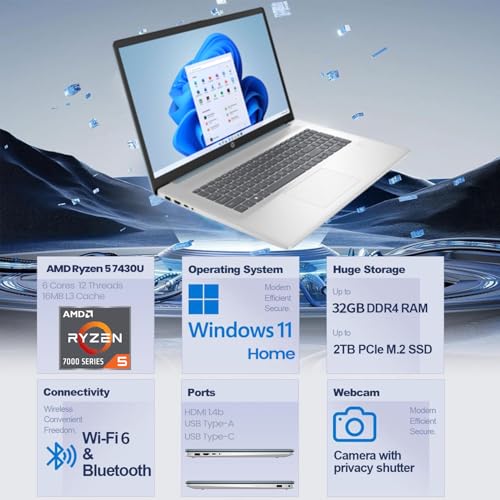 LAPTOP HP DE 173 CON PANTALLA TÁCTIL HD AMD RYZEN 5 7430U 8 GB RAM 512 GB SSD CÁMARA WEB HDMI TECLADO RETROILUMINADO LECTOR - 2