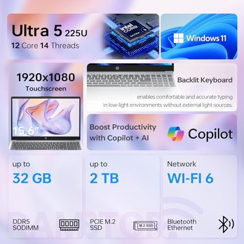 HP PORTÁTIL CON PANTALLA TÁCTIL FHD DE 156 PULGADAS INTEL CORE ULTRA 5 225U 32 GB DE RAM DDR5 SSD DE 1 TB WIFI 6 WINDOWS 11 PRO - 2