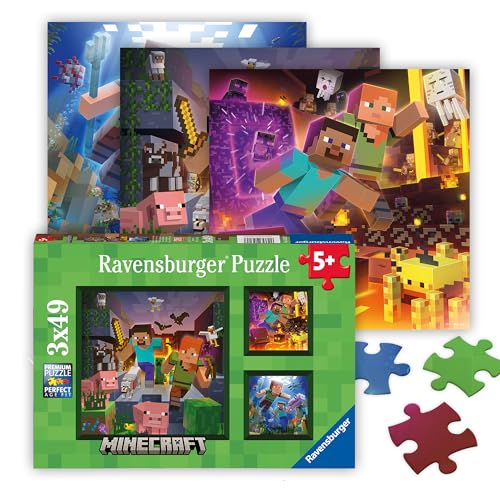 RAVENSBURGER MINECRAFT BIOMES JUEGO DE 3 ROMPECABEZAS DE 49 PIEZAS BOSQUES PIXELADOS OCÉANOS Y MÁS IMÁGENES BRILLANTES E - 1