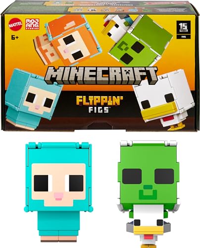 MATTEL MINECRAFT FLIPPIN FIGS PAQUETE DE 2 FIGURAS DE ACCIÓN SET CON OVEJA Y JINETE DE POLLO CON JUEGO FIDGET 2 EN 1 ESCALA - 1