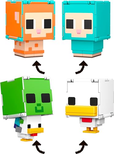 MATTEL MINECRAFT FLIPPIN FIGS PAQUETE DE 2 FIGURAS DE ACCIÓN SET CON OVEJA Y JINETE DE POLLO CON JUEGO FIDGET 2 EN 1 ESCALA - 6