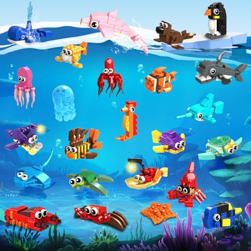 HOGOKIDS PAQUETE DE 24 RECUERDOS DE FIESTA PARA NIÑOS 629 PIEZAS DE MINI ANIMALES MARINOS BLOQUES DE JUGUETE PARA PASCUA DÍA - 2