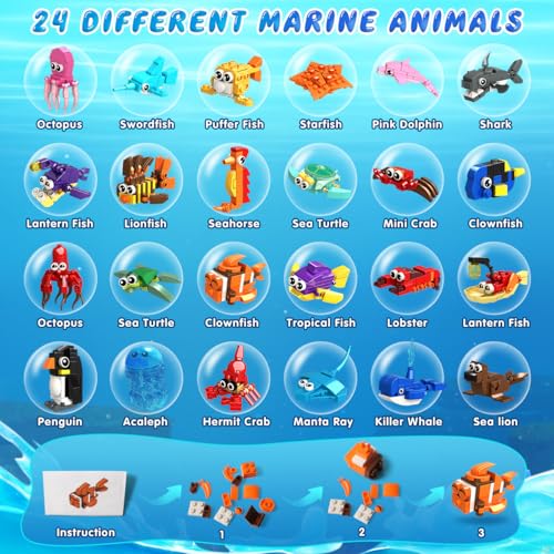 HOGOKIDS PAQUETE DE 24 RECUERDOS DE FIESTA PARA NIÑOS 629 PIEZAS DE MINI ANIMALES MARINOS BLOQUES DE JUGUETE PARA PASCUA DÍA - 5