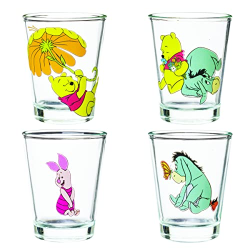 SILVER BUFFALO DISNEY WINNIE THE POOH RETRO GROOVY CON EEYORE Y PIGLET JUEGO DE 4 MINI VASOS DE VIDRIO 15 ONZAS - 1
