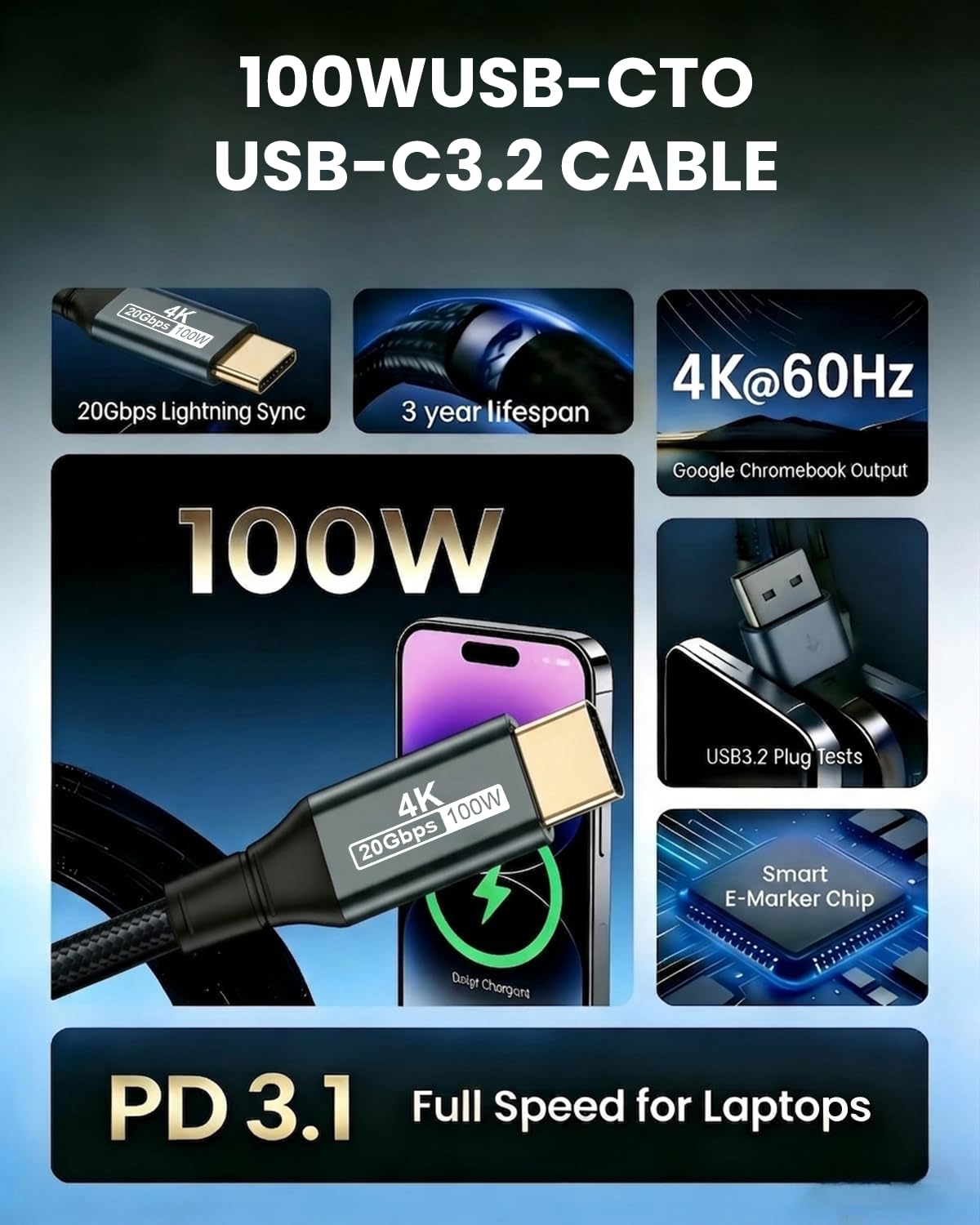 CABLE USB C A USB C 3.2 GEN 2X2, 3.3 PIES, 100 W - 2