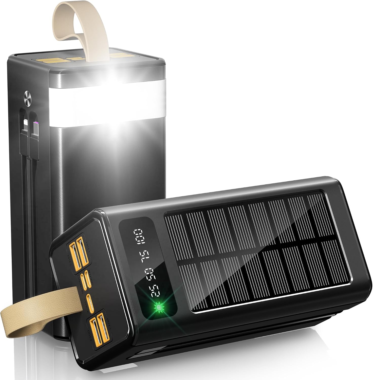 CARGADOR DE BATERÍA SOLAR DE 80000 MAH, BANCO DE ENERGÍA SOLAR DE CARGA RÁPIDA DE 35 W, CABLES USB-C/LIGHTNING INTEGRADOS - 1