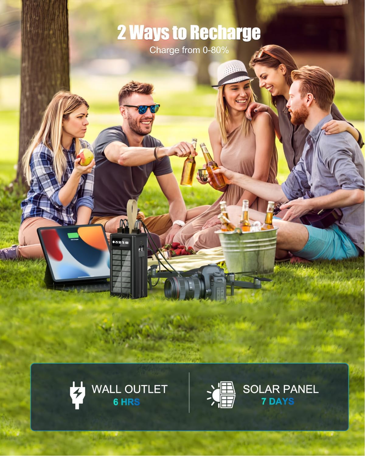 CARGADOR DE BATERÍA SOLAR DE 80000 MAH, BANCO DE ENERGÍA SOLAR DE CARGA RÁPIDA DE 35 W, CABLES USB-C/LIGHTNING INTEGRADOS - 7