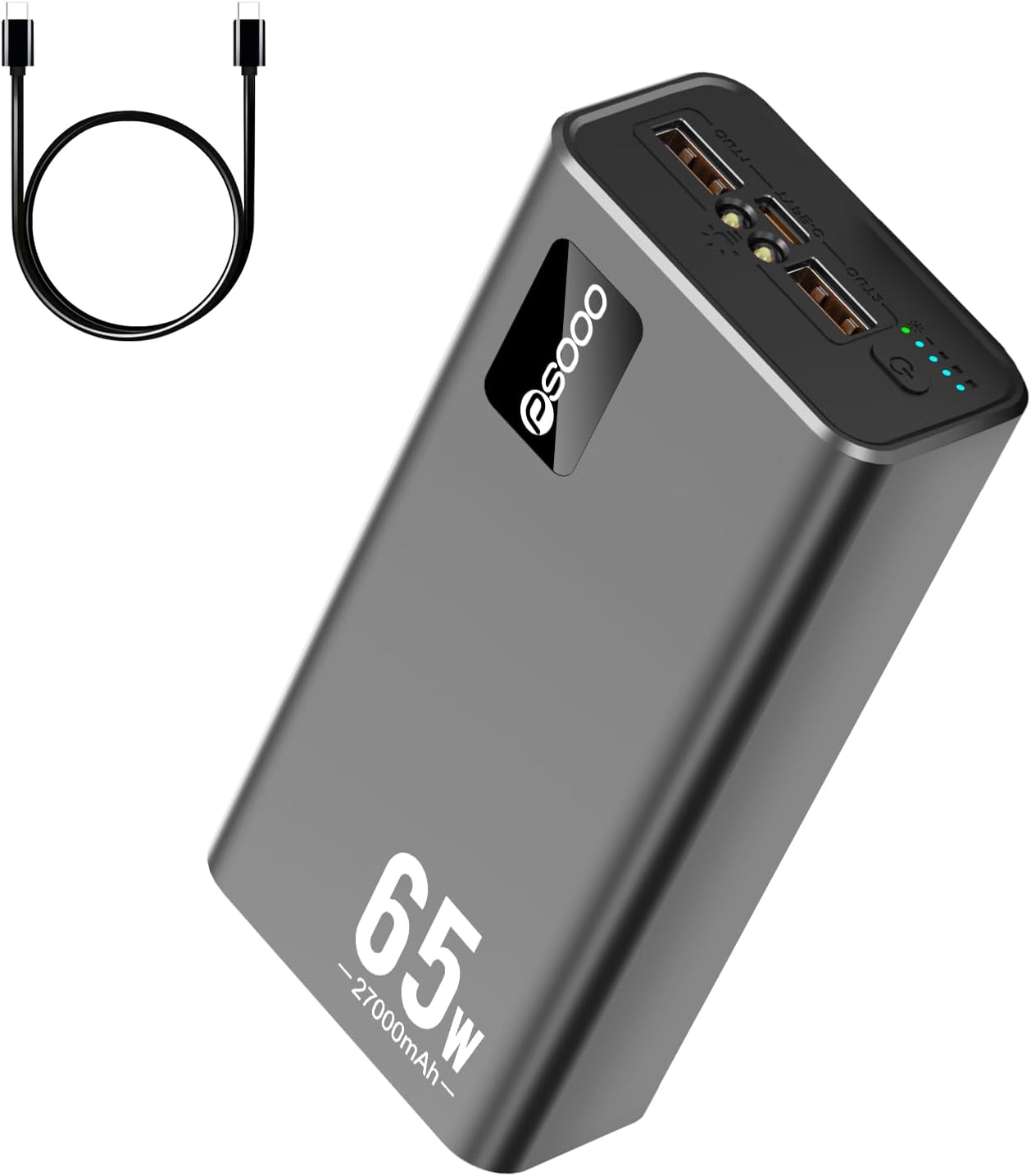 PSOOO CARGADOR PORTÁTIL 27000MAH 65W PD CARGADOR DE CARGA RÁPIDA, BATERÍA EXTERNA DE 3 PUERTOS CON LINTERNA LED, COMPATIBLE - 1