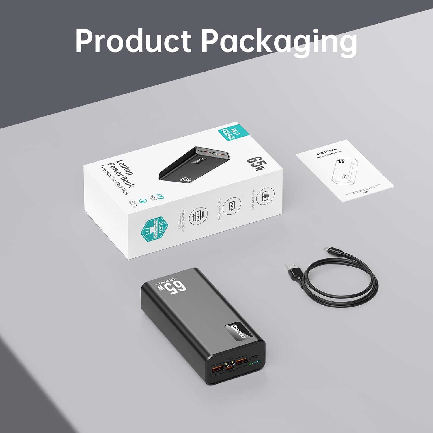 PSOOO CARGADOR PORTÁTIL 27000MAH 65W PD CARGADOR DE CARGA RÁPIDA, BATERÍA EXTERNA DE 3 PUERTOS CON LINTERNA LED, COMPATIBLE - 7