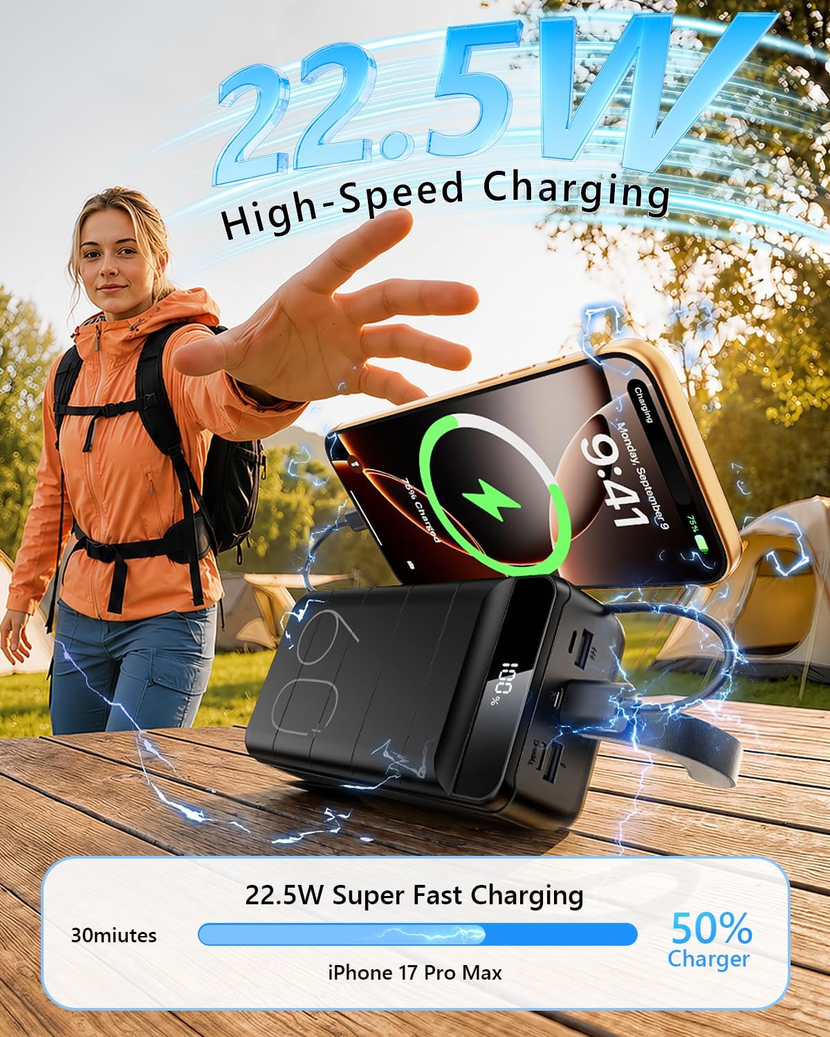 LQHUE POWER BANK 60000MAH 22.5W CARGADOR PORTÁTIL DE CARGA RÁPIDA CON LINTERNA, 4 SALIDAS Y 3 ENTRADAS PANTALLA LED, GRAN - 2