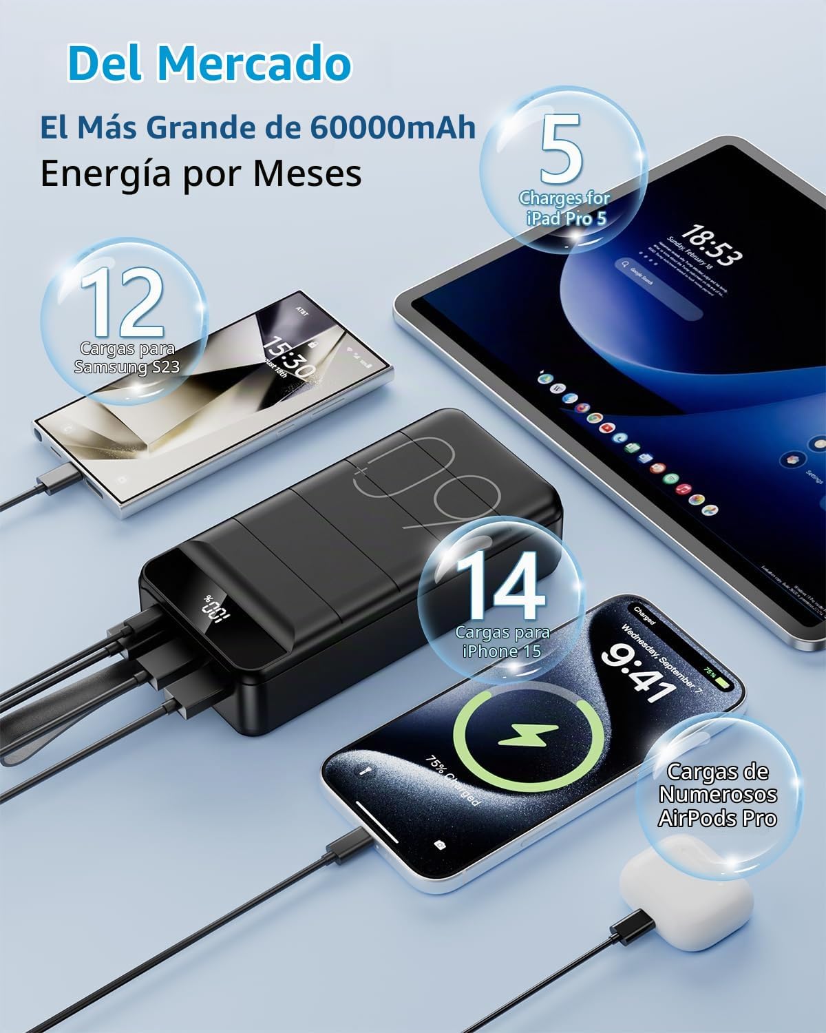 LQHUE POWER BANK 60000MAH 22.5W CARGADOR PORTÁTIL DE CARGA RÁPIDA CON LINTERNA, 4 SALIDAS Y 3 ENTRADAS PANTALLA LED, GRAN - 7