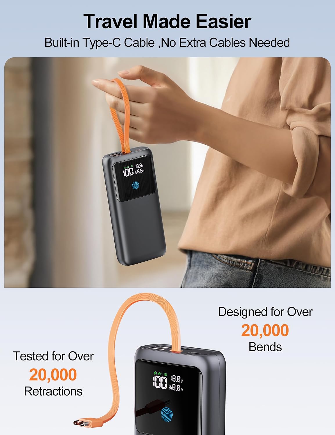 CARGADOR PORTÁTIL PORTÁTIL 24000MAH 65W W/USB C CABLE INCORPORADO - 7