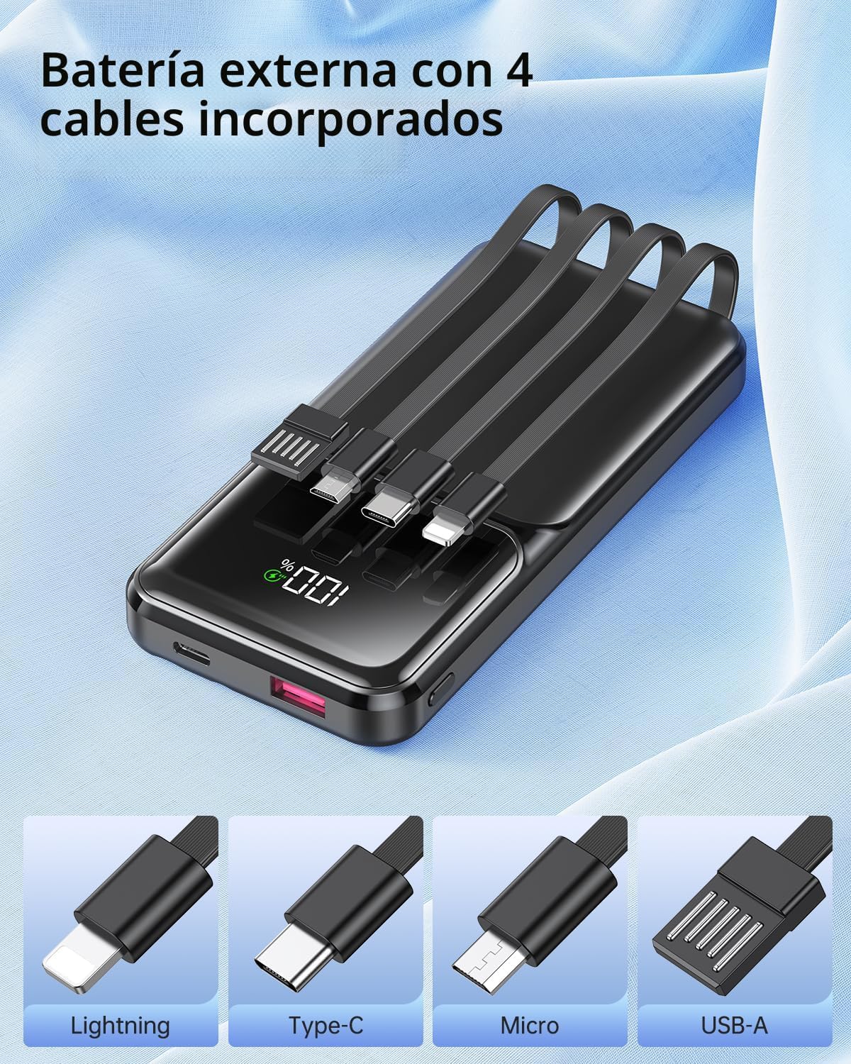 RONEGN CARGADOR PORTÁTIL CON CABLE INTEGRADO, 20000 MAH, CARGADOR DE BATERÍA DE CARGA RÁPIDA USB C DELGADO DE 22.5 W, - 2