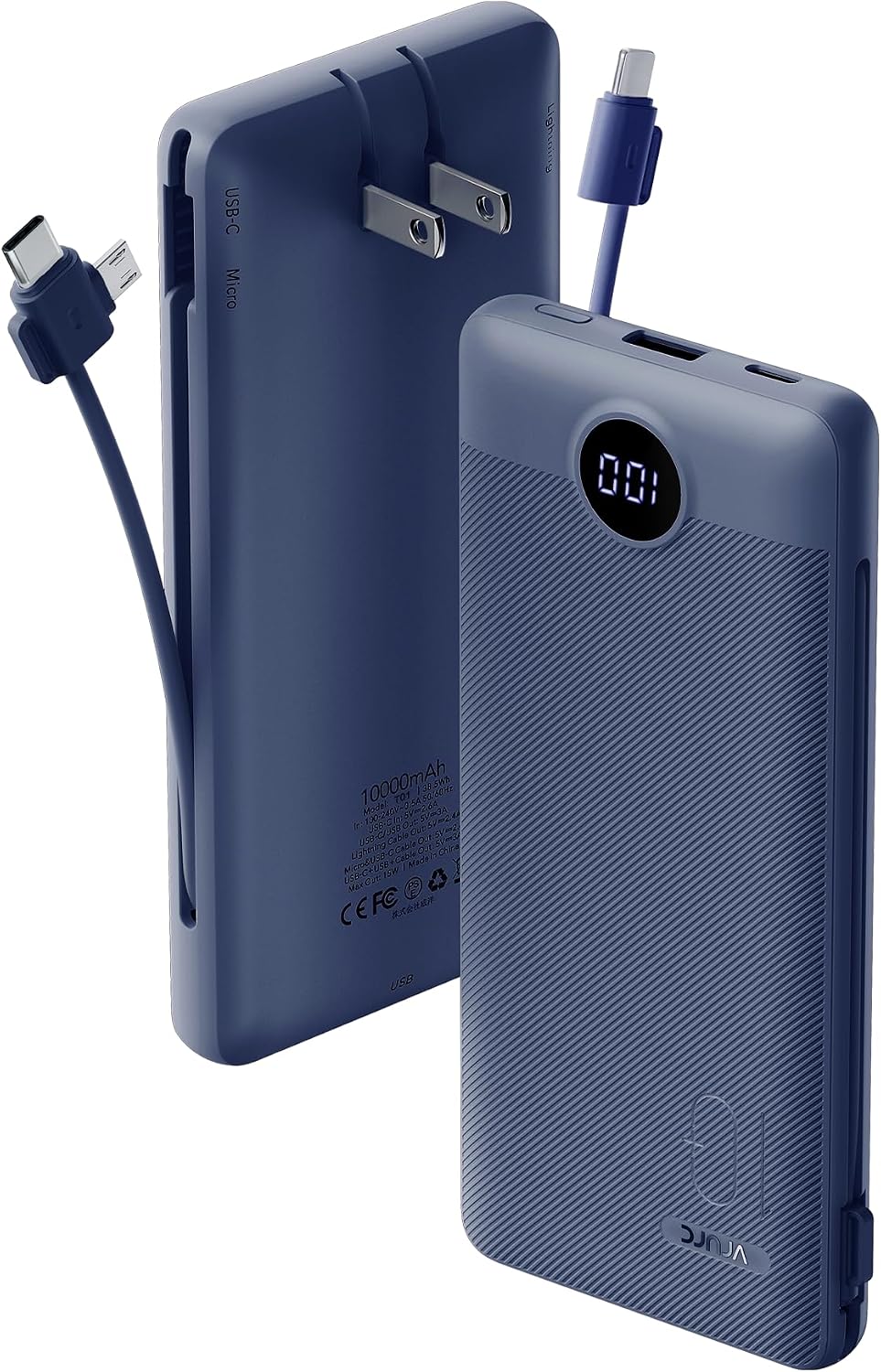 VRURC CARGADOR PORTÁTIL CON CABLES INTEGRADOS Y ENCHUFE DE PARED DE CA, BANCO DE ENERGÍA USB C DE 10000 MAH, BATERÍA - 1