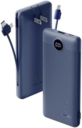 VRURC CARGADOR PORTÁTIL CON CABLES INTEGRADOS Y ENCHUFE DE PARED DE CA, BANCO DE ENERGÍA USB C DE 10000 MAH, BATERÍA - 7