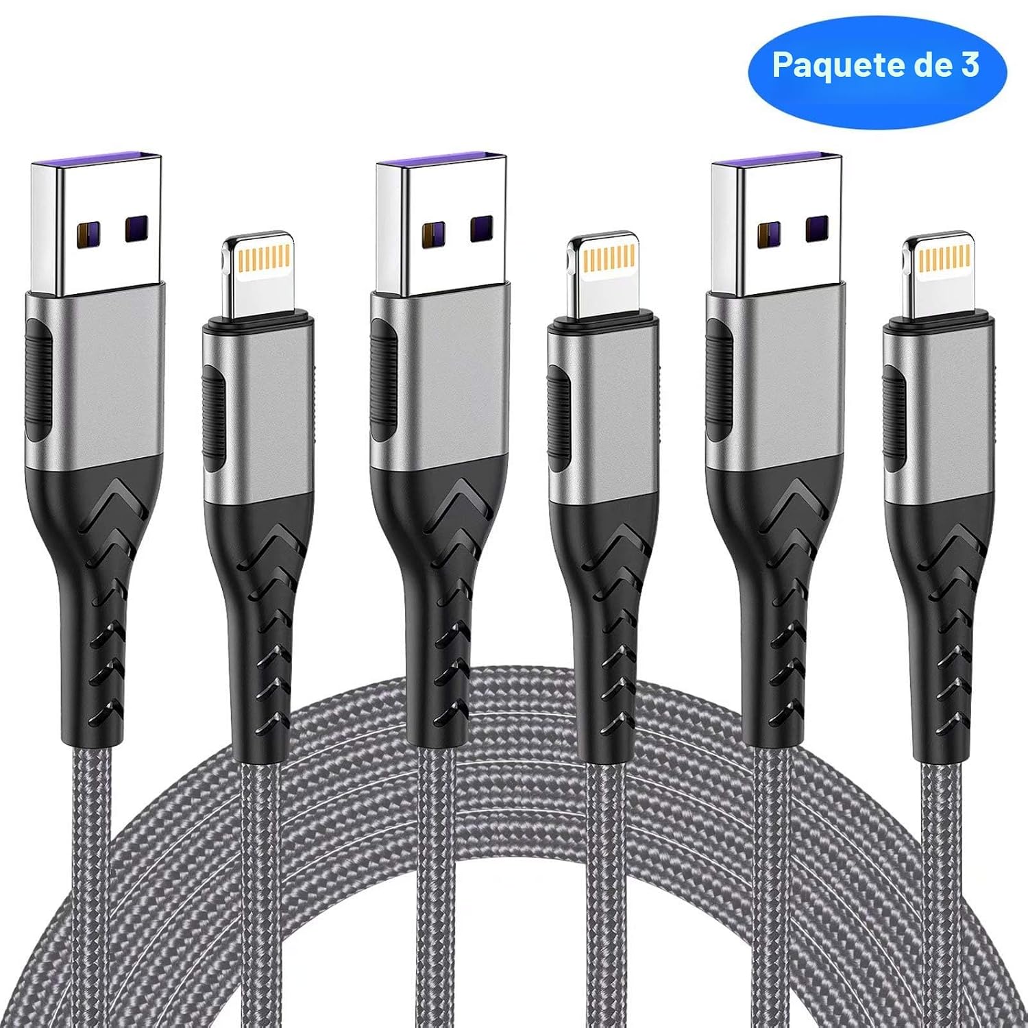 CARGADOR DE IPHONE, CERTIFICADO MFI PAQUETE DE 3 CABLES USB A DE 10 PIES PARA CABLE DE CARGA LIGHTNING LARGO, CABLE DE CARGA - 2