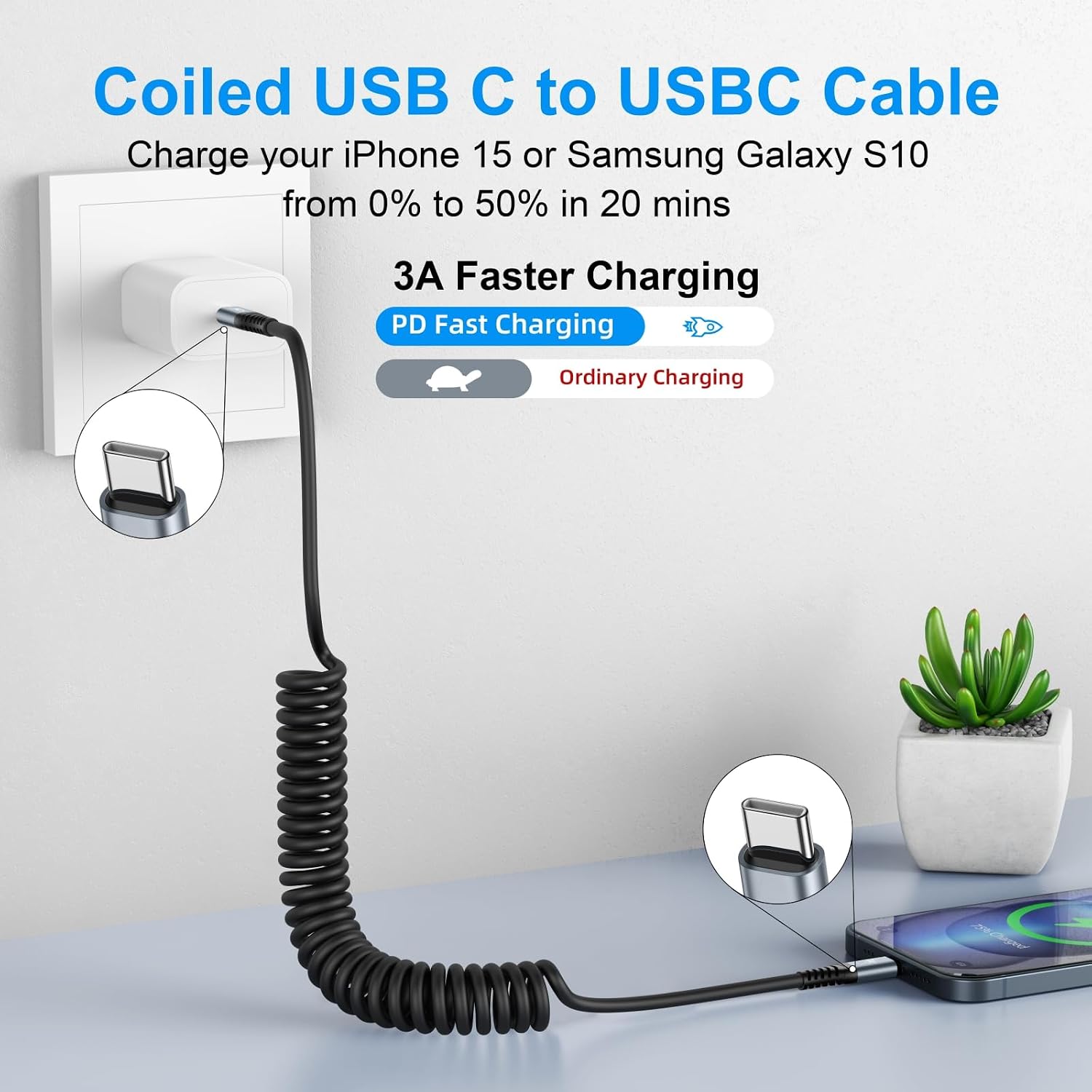 CABLE USB C A C DE 3 PIES, PAQUETE DE 2 CABLES DE CARGA USB C EN ESPIRAL PARA AUTOMÓVIL TIPO C, CABLE DE CARGA RÁPIDA - 2