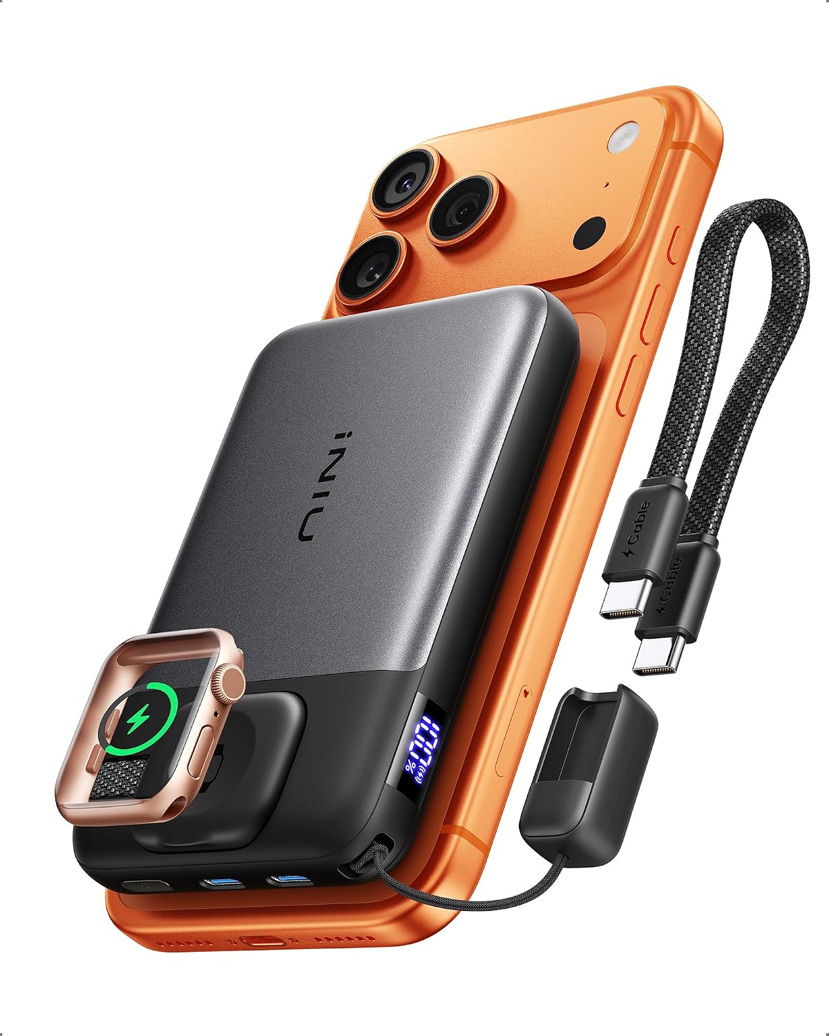 INIU CARGADOR PORTÁTIL, INALÁMBRICO DE CARGA RÁPIDA PARA APPLE WATCH, QI2.2 25 W, BATERÍA DE 45 W CON CABLE UEB-C, - 1