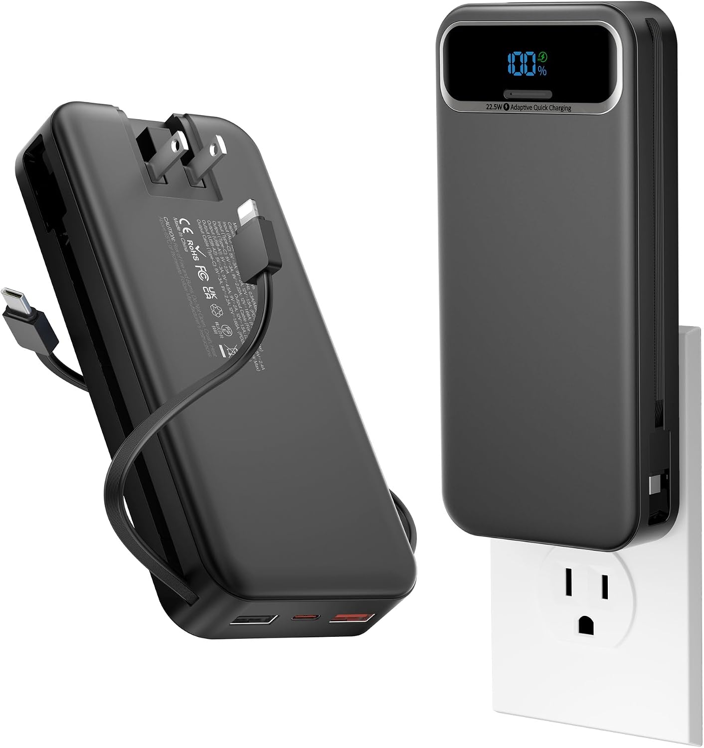 BANCO DE ENERGÍA/CARGADOR PORTÁTIL LIGERO DE 20000MAH CON CABLES INTEGRADOS Y ENCHUFE DE PARED DE CA, PAQUETE DE BATERÍA - 1