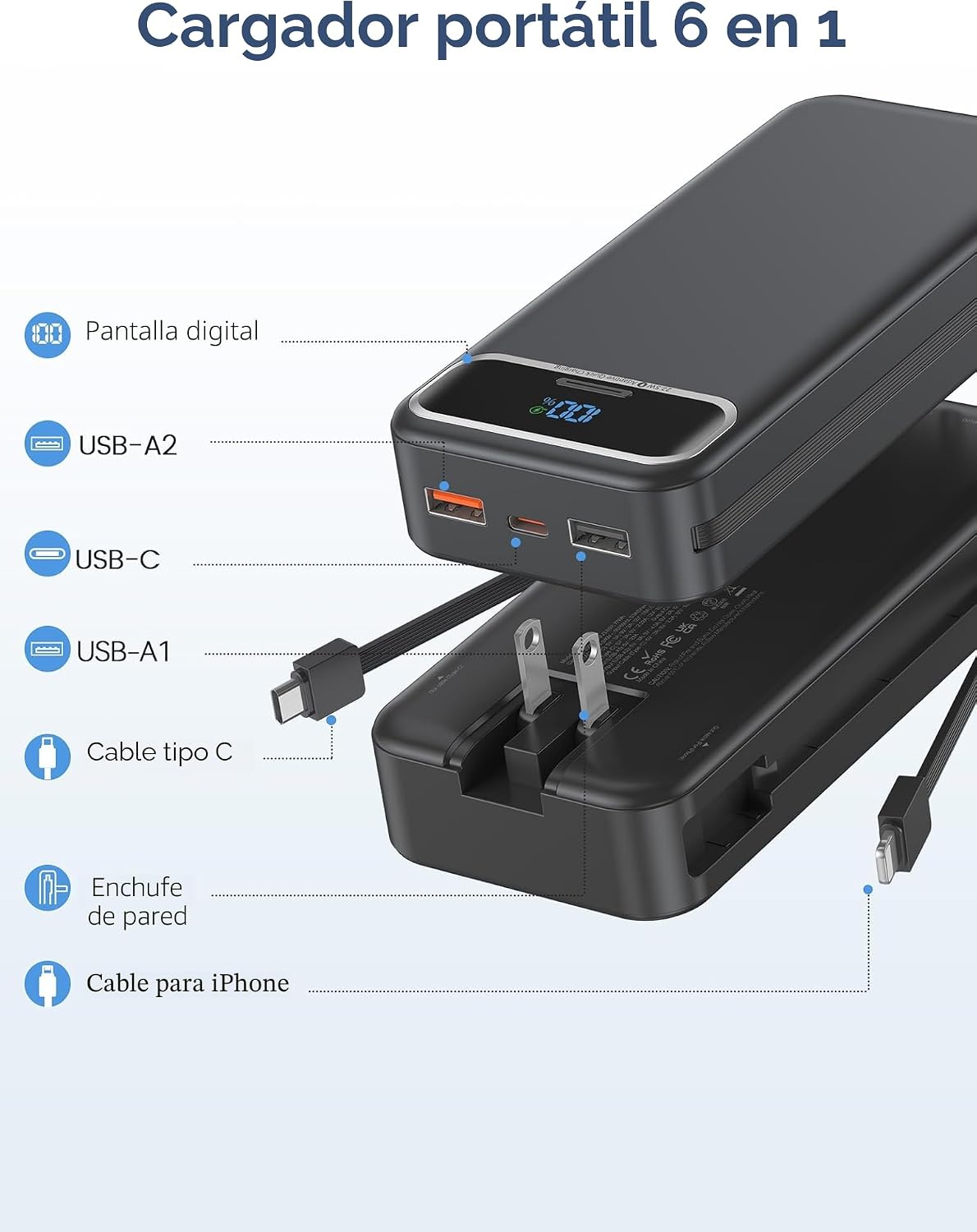 BANCO DE ENERGÍA/CARGADOR PORTÁTIL LIGERO DE 20000MAH CON CABLES INTEGRADOS Y ENCHUFE DE PARED DE CA, PAQUETE DE BATERÍA - 2