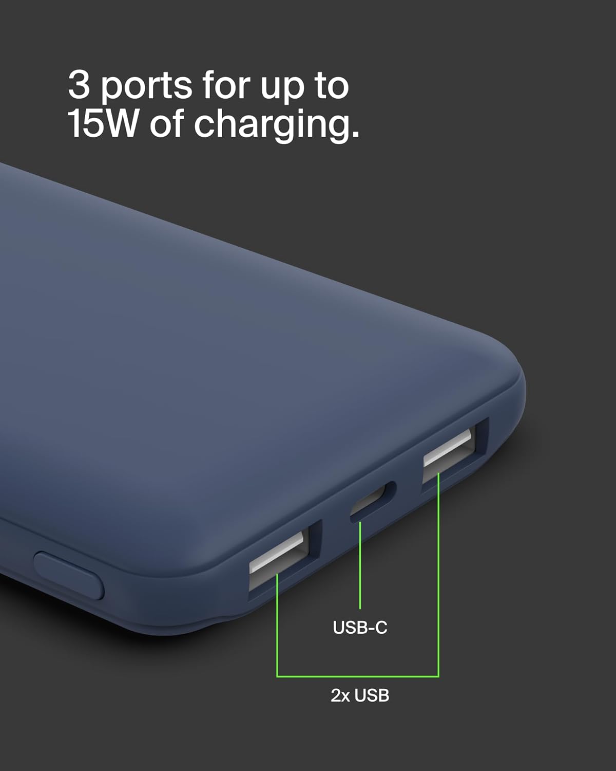 BELKIN CARGADOR PORTÁTIL, BANCO DE ENERGÍA USB C DE 10000 MAH CON 2 PUERTOS USB-A, 15 W CON CABLE TIPO C A TIPO A - IPHONE - 7
